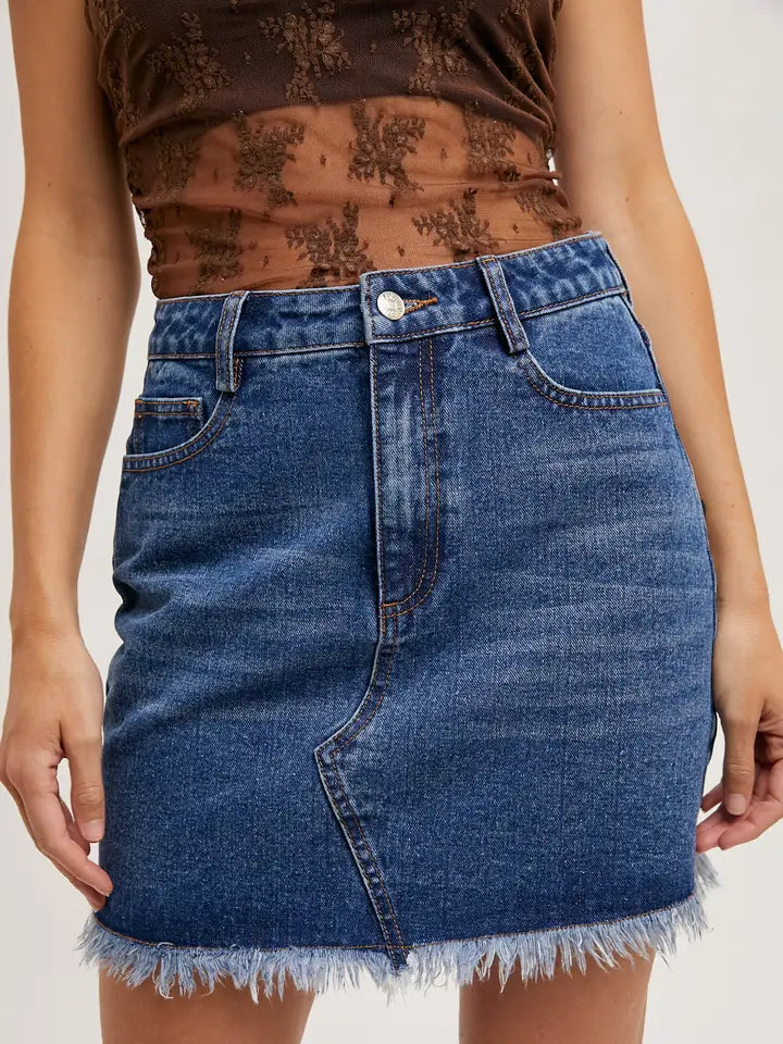 High-Waist Denim Raw Hem Mini Skirt