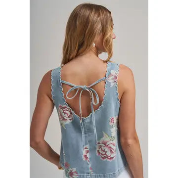 Vintage Floral Denim Top with Scalloped Edge Detail
