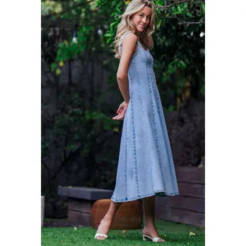 Panelled Denim Midi Dress Exposed Back Zipper