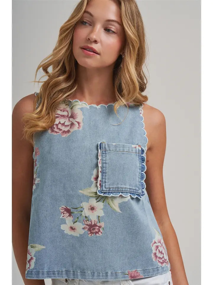 Vintage Floral Denim Top with Scalloped Edge Detail