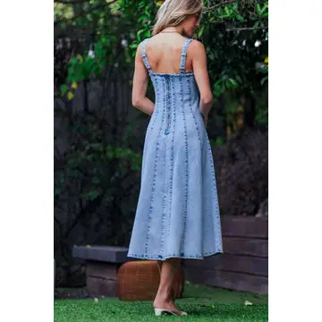 Panelled Denim Midi Dress Exposed Back Zipper
