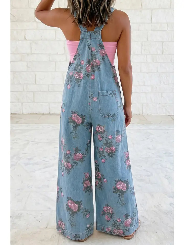 Floral Print Pleated High Waist Wide Leg Denim Jumpsuit