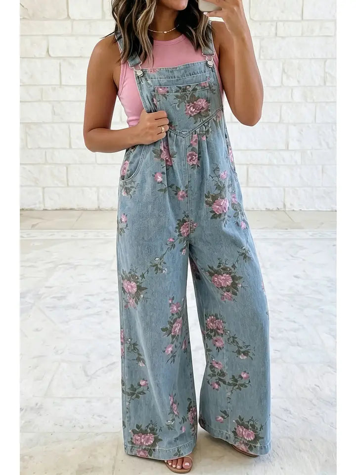 Floral Print Pleated High Waist Wide Leg Denim Jumpsuit