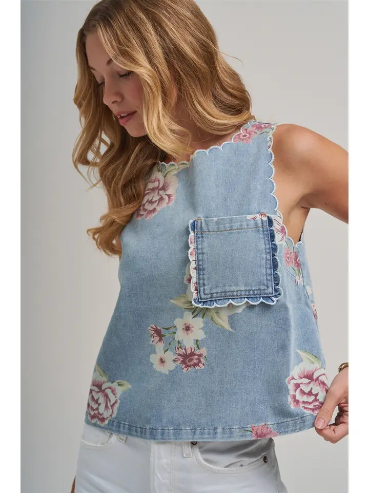 Vintage Floral Denim Top with Scalloped Edge Detail