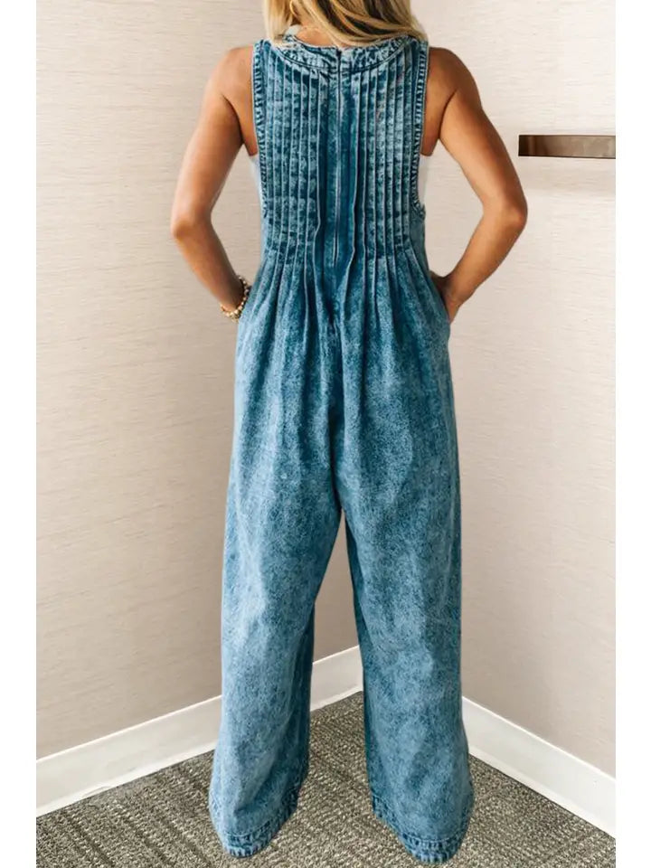 Western Acid Wash Pintuck Jumpsuit