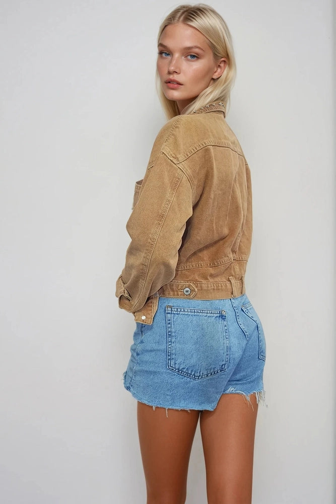 Studded Cropped Washed Denim Jacket