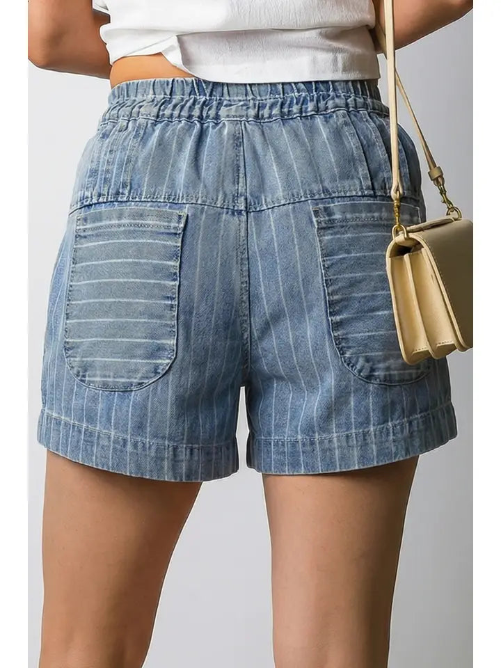 Retro Blue Denim Striped Paperbag Waist Shorts