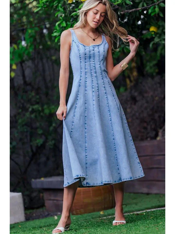 Panelled Denim Midi Dress Exposed Back Zipper