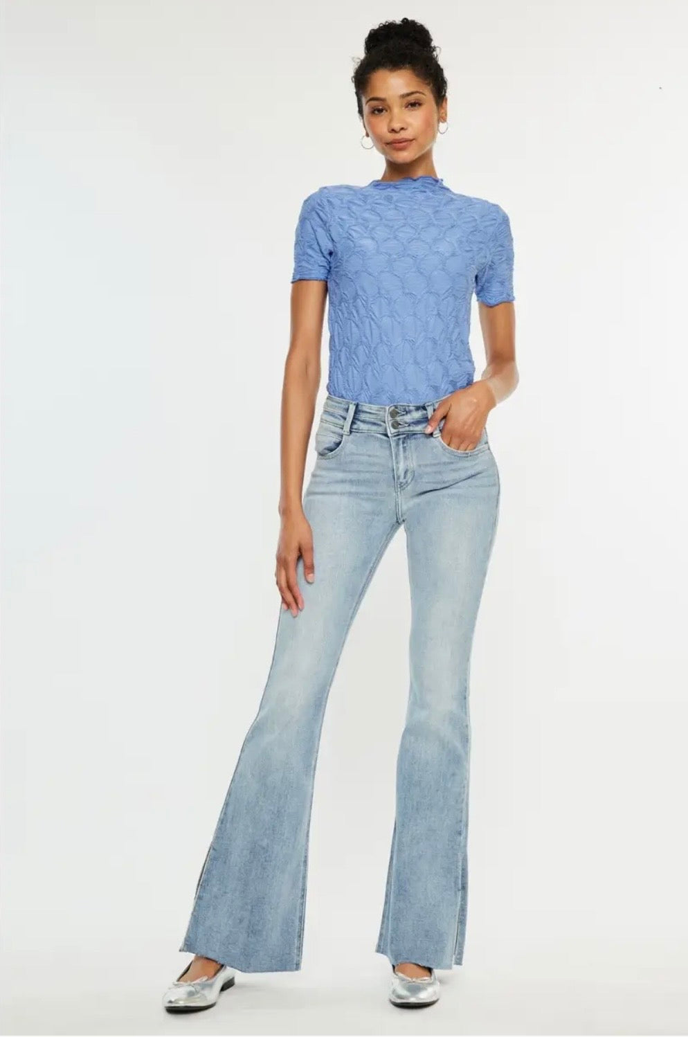 Mid Rise Double Waist Band Flare Kan Can