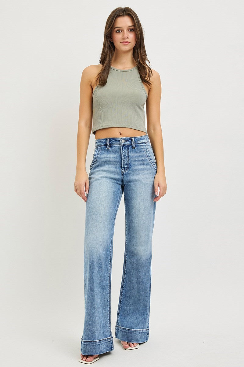 TUMMY CONTORL HIGH RISE WIDE FLARE JEANS WITH WIDE HEM