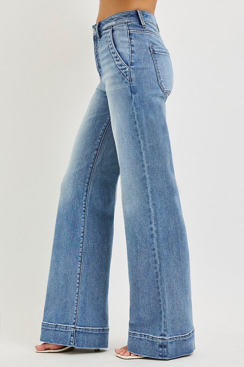 TUMMY CONTORL HIGH RISE WIDE FLARE JEANS WITH WIDE HEM