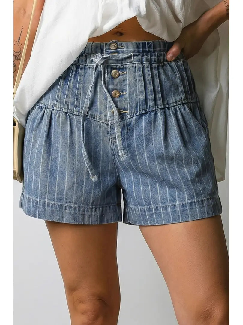 Retro Blue Denim Striped Paperbag Waist Shorts
