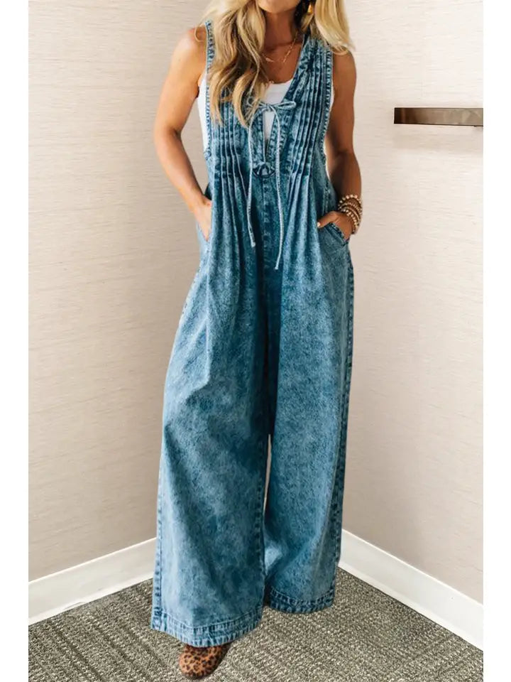 Western Acid Wash Pintuck Jumpsuit