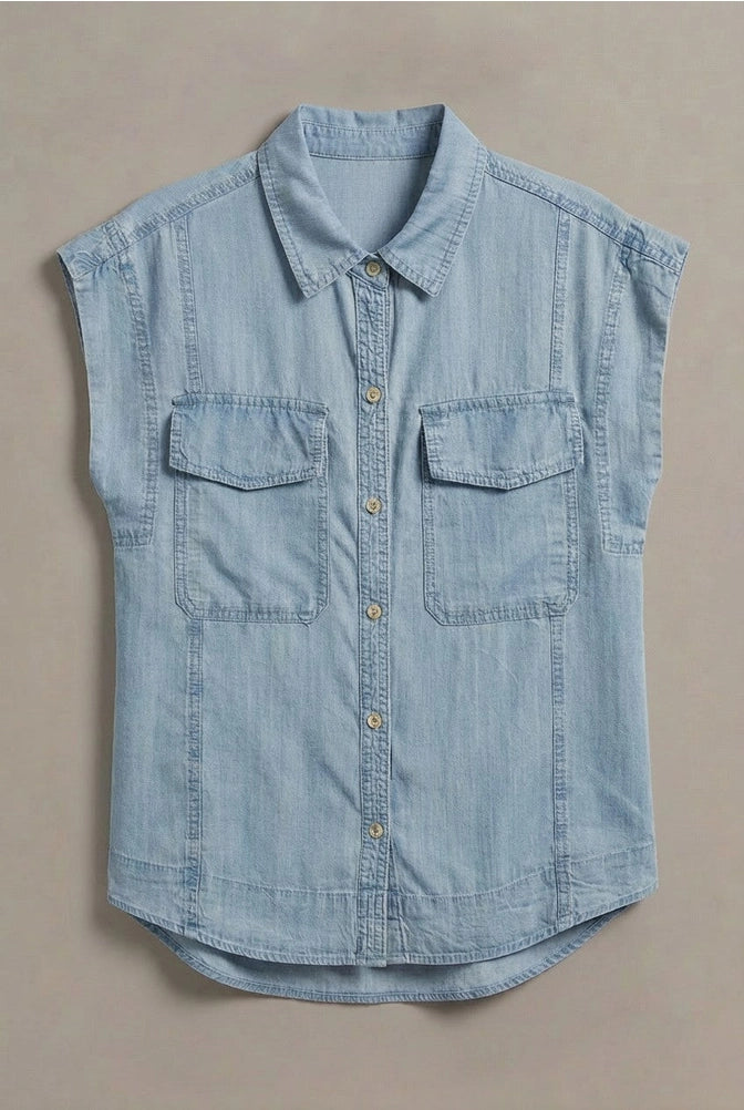 Sleeveless Denim Button-Front Shirt